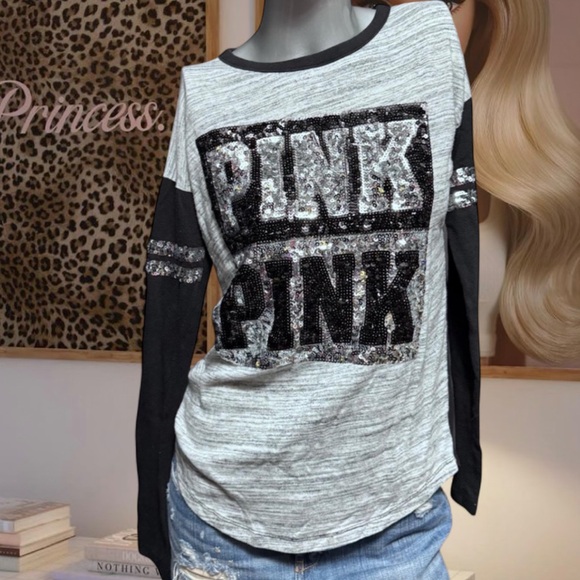PINK Victoria's Secret Tops - PINK Victoria’s Secret Vintage Y2K Sequin Black/Grey Long-Sleeve Top